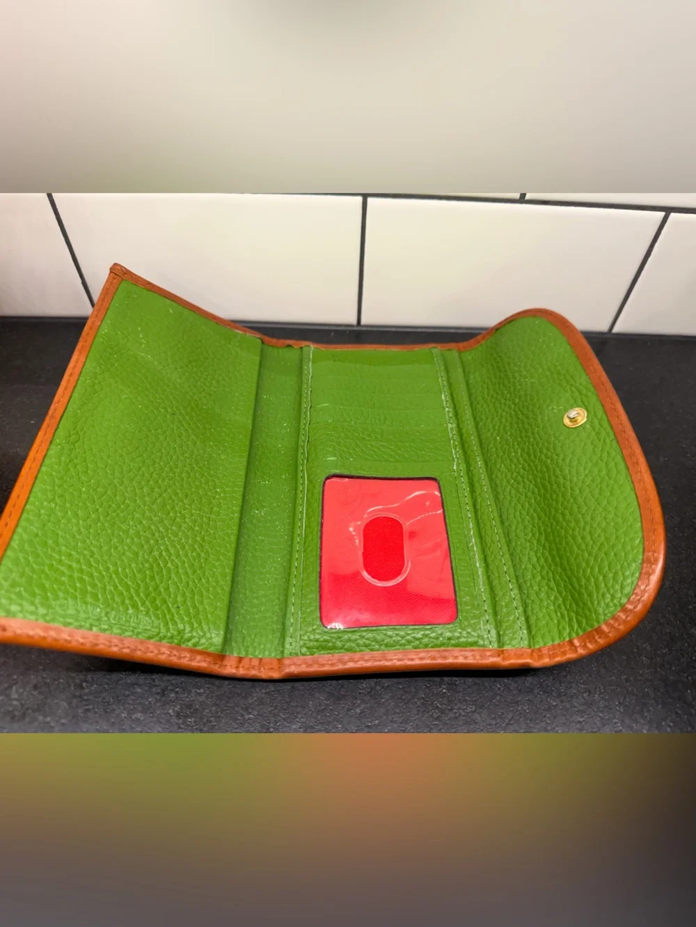 Dooney & Bourke Green Pebbled Leather Continental Wallet with Brown Trim